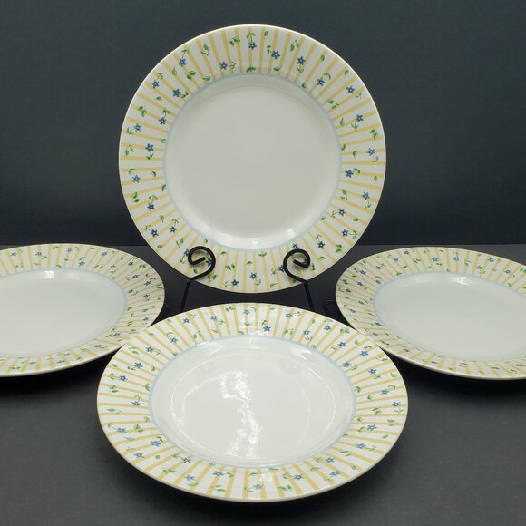 Pfaltzgraff Melissa Salad Plates Small Lunch Plates Blue Flowers Yellow Stripes - Picture 1 of 5